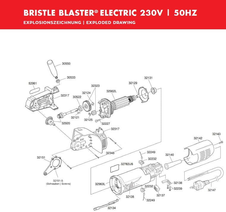 Bristle Blaster Electric 240V single hertz spare parts exploded diagram