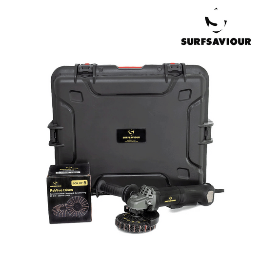 SurfSaviour Pro+ Brushless Angle Grinder 125m 110V Kit. Includes 5 Pack SurfSaviour Revive Discs. Packed in IP67 Protective Case