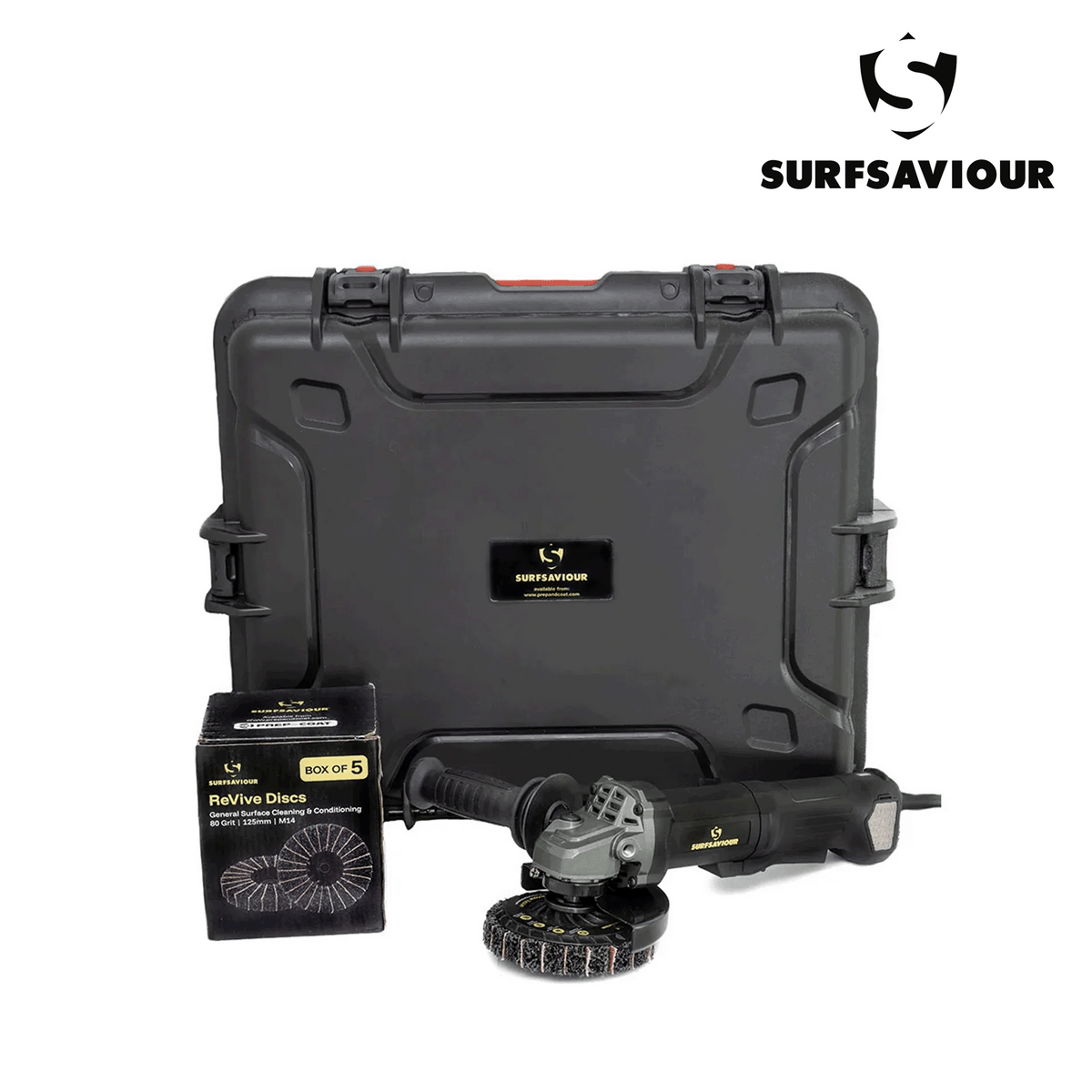 SurfSaviour Pro+ Brushless Angle Grinder 125m 110V Kit. Includes 5 Pack SurfSaviour Revive Discs. Packed in IP67 Protective Case