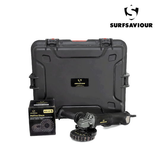 SurfSaviour Pro+ Brushless Angle Grinder 125m 110V Kit. Includes 5 Pack SurfSaviour Revive Discs. Packed in IP67 Protective Case