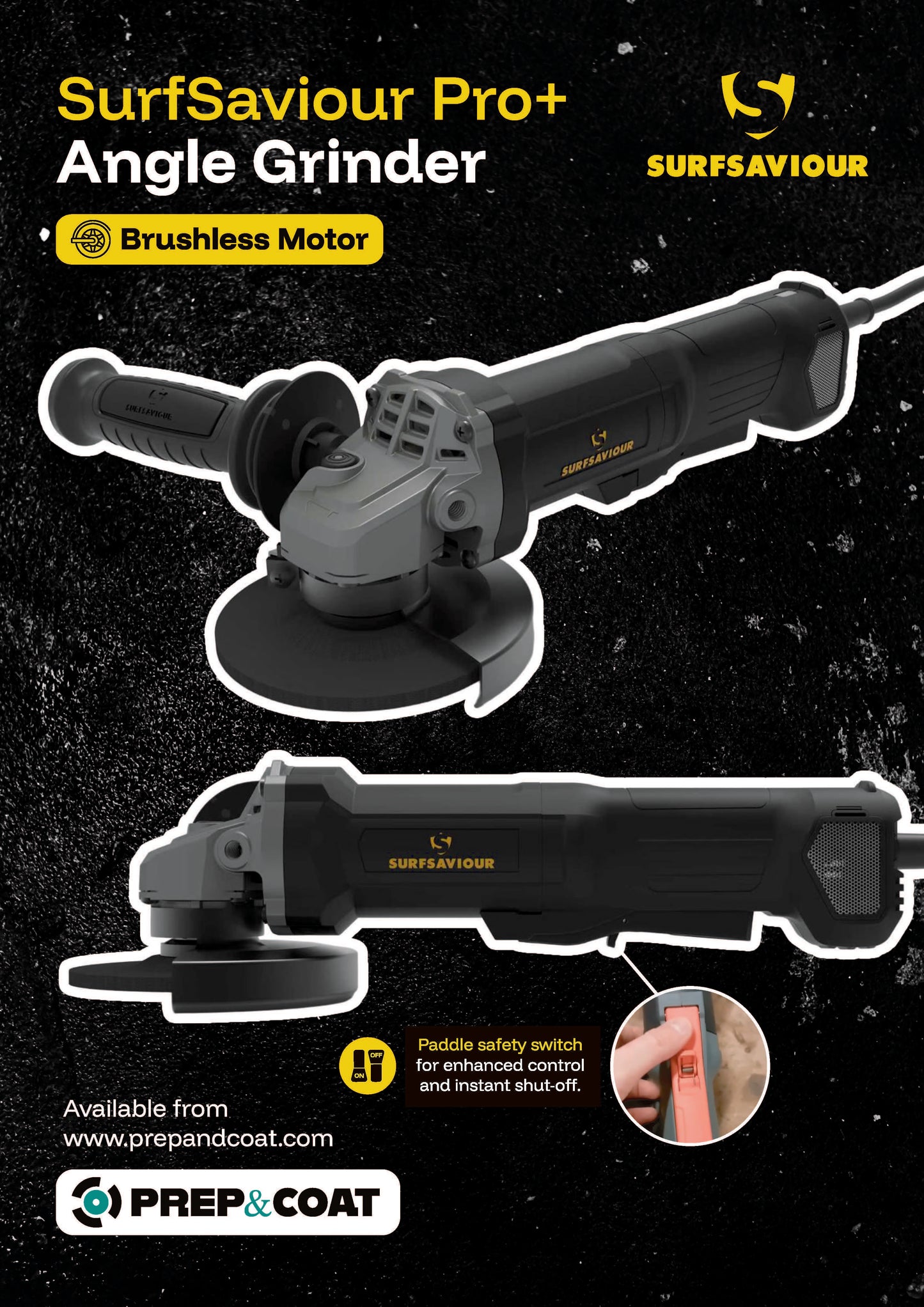 SurfSaviour Pro+ Angle Grinder 125m. 110V. 1500W w/ brushless motor and anti-vibration handle.