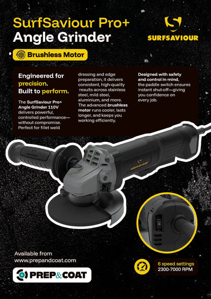 SurfSaviour Pro+ Angle Grinder 125m. 110V. 1500W w/ brushless motor and anti-vibration handle.