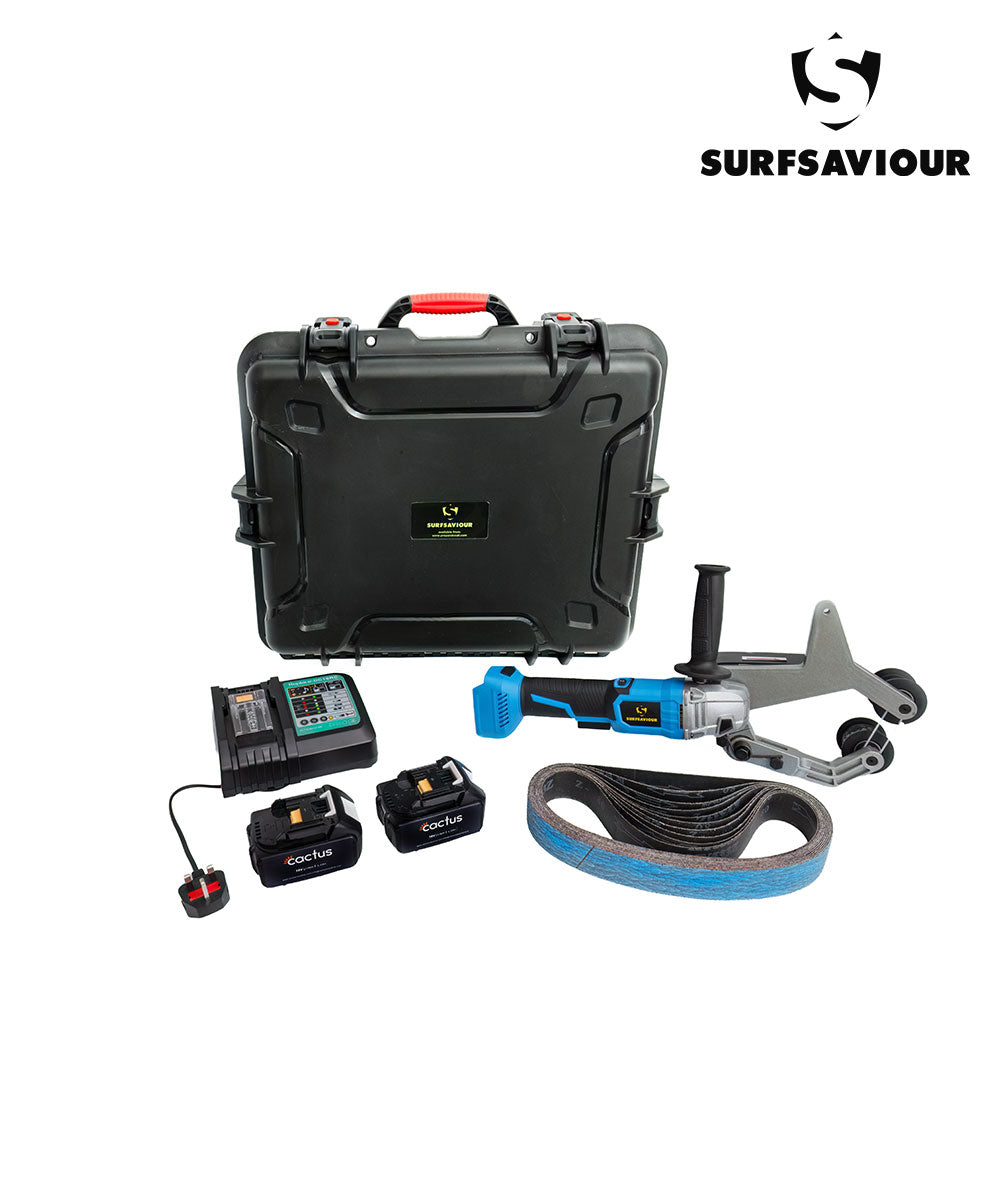 SurfSaviour 18V Cordless Brushless Polishing Pipe Belt Sander Starter Kit. Incl. 40 x 780mm Grit 80 Abrasive Grinding Belt. 2 x 18V 6.0Ah batteries & charger. Packed in IP67 Rated Case.