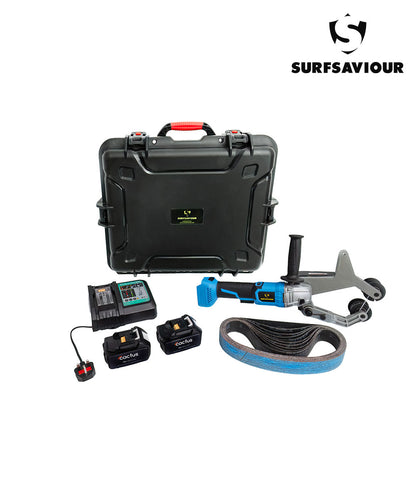 SurfSaviour 18V Cordless Brushless Polishing Pipe Belt Sander Starter Kit. Incl. 40 x 780mm Grit 80 Abrasive Grinding Belt. 2 x 18V 6.0Ah batteries & charger. Packed in IP67 Rated Case.