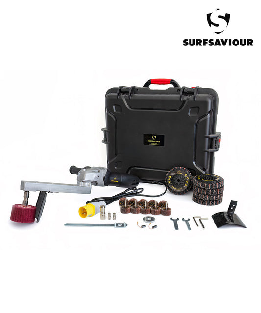 SurfSaviour MultiFunctional Grinder 150mm 110V Starter Kit. Includes Fiber Disc 150mm, FlatWheel, 5 x SurfSaviour Revive Discs, 10 x Flap Wheel 40x20x6mm Grit 50