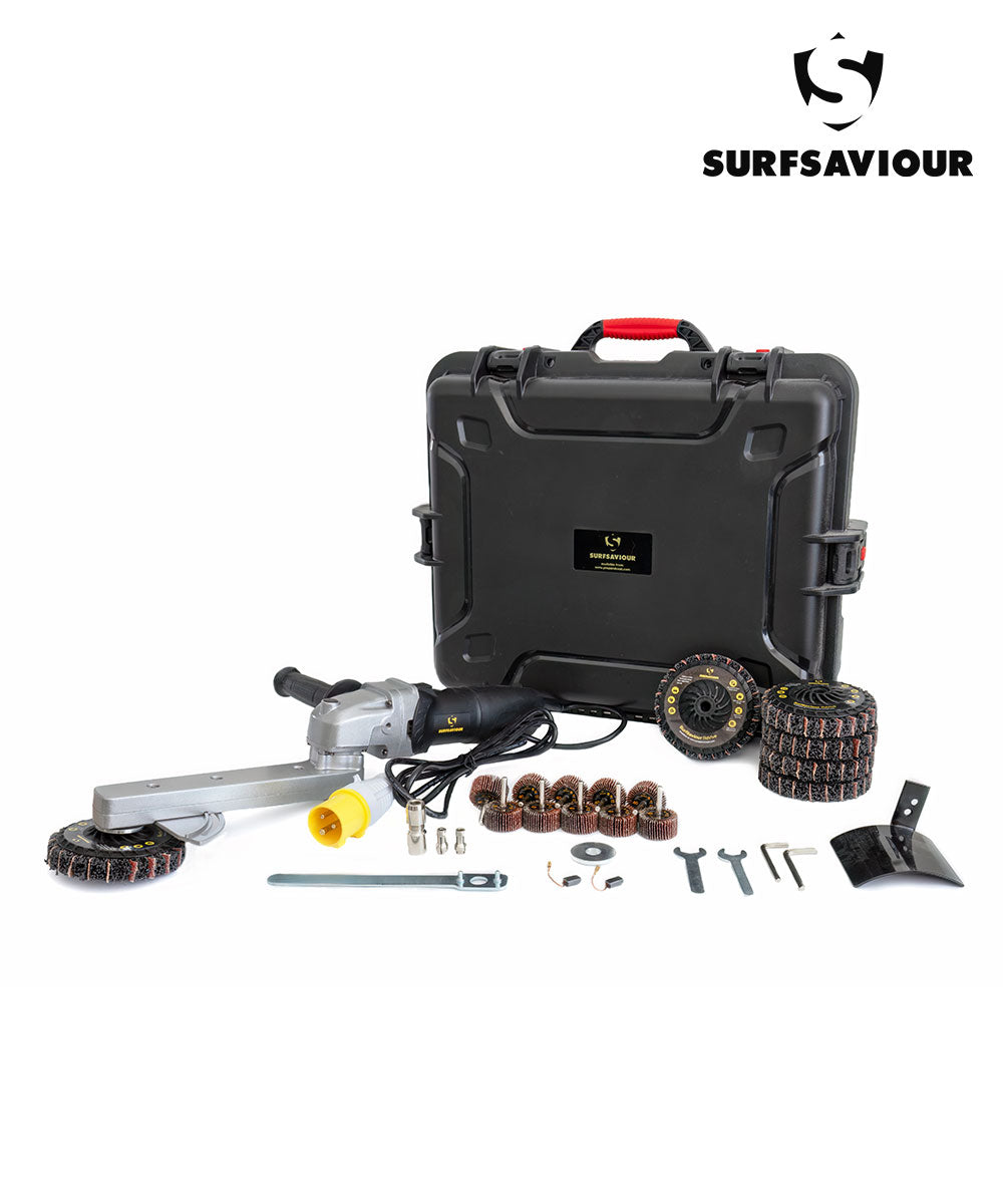 SurfSaviour MultiFunctional Grinder 150mm 110V Starter Kit. Includes Fiber Disc 150mm, FlatWheel, 5 x SurfSaviour Revive Discs, 10 x Flap Wheel 40x20x6mm Grit 50