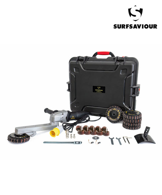 SurfSaviour MultiFunctional Grinder 150mm 110V Starter Kit. Includes Fiber Disc 150mm, FlatWheel, 5 x SurfSaviour Revive Discs, 10 x Flap Wheel 40x20x6mm Grit 50