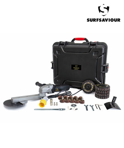 SurfSaviour MultiFunctional Grinder 150mm 110V Starter Kit. Includes Fiber Disc 150mm, FlatWheel, 5 x SurfSaviour Revive Discs, 10 x Flap Wheel 40x20x6mm Grit 50