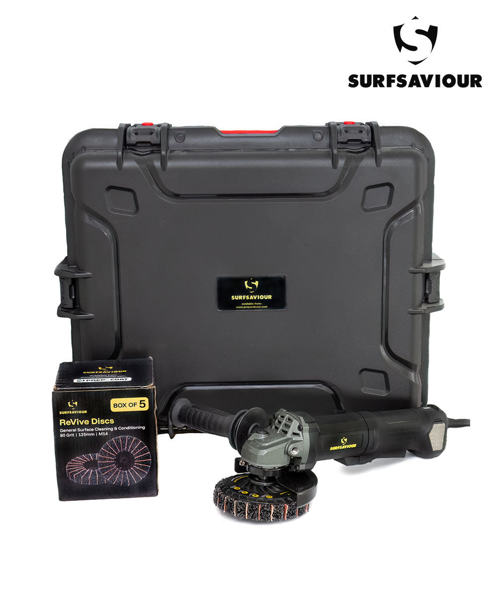 SurfSaviour Pro+ Brushless Angle Grinder 125m 110V Kit. Includes 5 Pack SurfSaviour Revive Discs. Packed in IP67 Protective Case