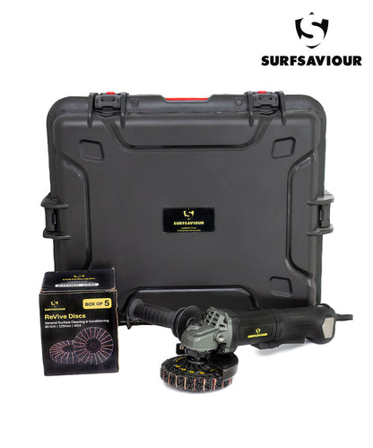 SurfSaviour Pro+ Brushless Angle Grinder 125m 110V Kit. Includes 5 Pack SurfSaviour Revive Discs. Packed in IP67 Protective Case